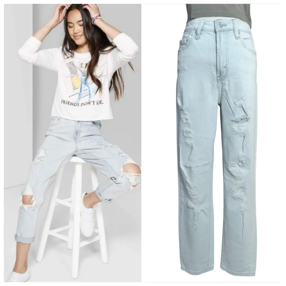 Wild Fable Denim Light Wash Highest Rise Mom Jeans Womens Size 0 Distressed - Picture 2 of 5